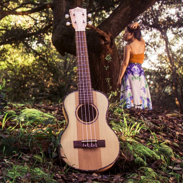 Hilo ukulele in grass with tree and woman in background